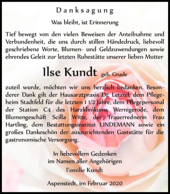 Traueranzeige von Ilse Kundt (geb. Gnade)  von Magdeburger Volksstimme