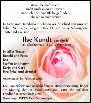 Traueranzeige von Ilse Kundt (geb. Gnade)  von Magdeburger Volksstimme