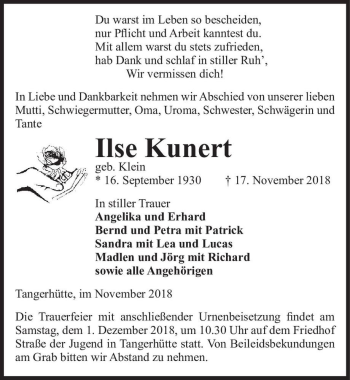 Traueranzeige von Ilse Kunert (geb. Klein)  von Magdeburger Volksstimme