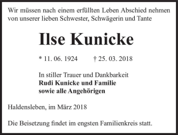 Traueranzeige von Ilse Kunicke  von Magdeburger Volksstimme