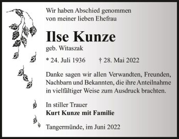 Traueranzeige von Ilse Kunze (geb. Witaszak)  von Magdeburger Volksstimme