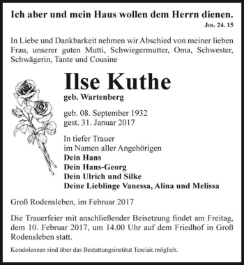Traueranzeige von Ilse Kuthe (geb. Wartenberg)  von Magdeburger Volksstimme