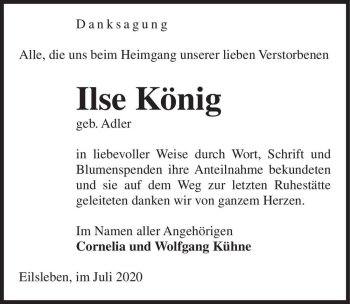 Traueranzeige von Ilse König (geb. Adler)  von Magdeburger Volksstimme