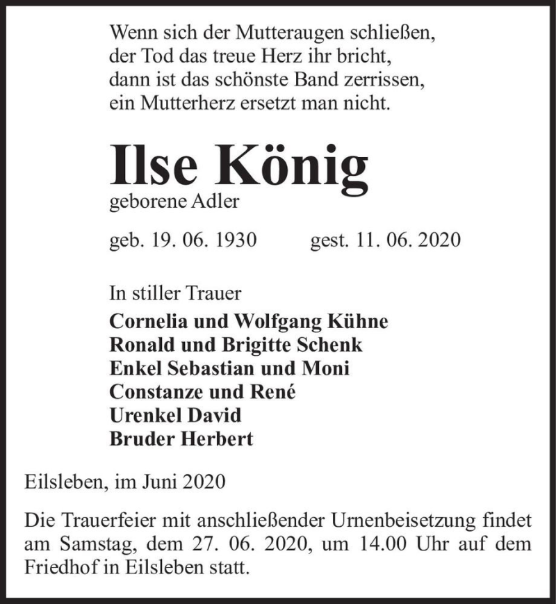  Traueranzeige für Ilse König (geb. Adler)  vom 20.06.2020 aus Magdeburger Volksstimme