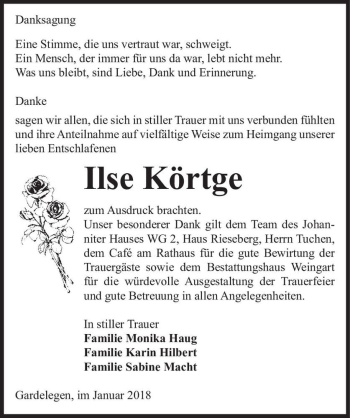 Traueranzeige von Ilse Körtge  von Magdeburger Volksstimme