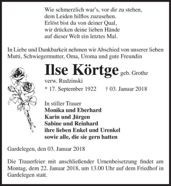 Traueranzeige von Ilse Körtge (geb. Grothe, verw. Rudzinski)  von Magdeburger Volksstimme