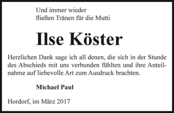 Traueranzeige von Ilse Köster  von Magdeburger Volksstimme