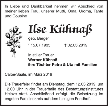 Traueranzeige von Ilse Kühnaß (geb. Berger)  von Magdeburger Volksstimme