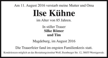 Traueranzeige von Ilse Kühne  von Magdeburger Volksstimme