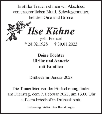 Traueranzeige von Ilse Kühne (geb. Frenzel)  von Magdeburger Volksstimme