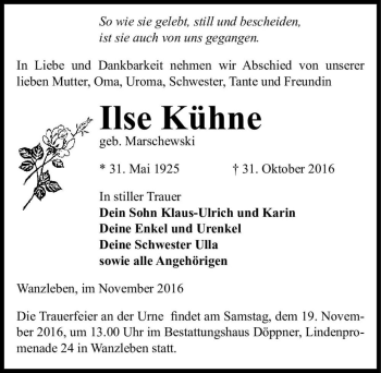 Traueranzeige von Ilse Kühne (geb. Marschewski)  von Magdeburger Volksstimme