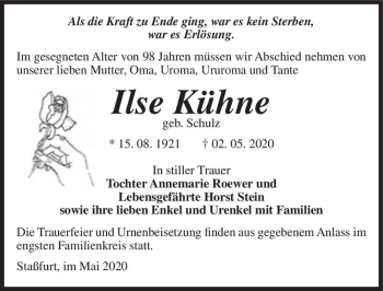 Traueranzeige von Ilse Kühne (geb. Schulz)  von Magdeburger Volksstimme