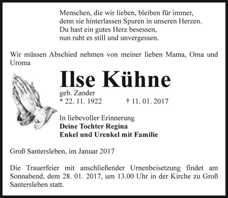  Traueranzeige für Ilse Kühne (geb. Zander)  vom 21.01.2017 aus Magdeburger Volksstimme