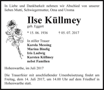 Traueranzeige von Ilse Küllmey (geb. Eggert)  von Magdeburger Volksstimme