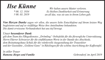 Traueranzeige von Ilse Künne  von Magdeburger Volksstimme