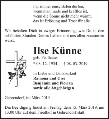 Traueranzeige von Ilse Künne (geb. Fehlhauer)  von Magdeburger Volksstimme