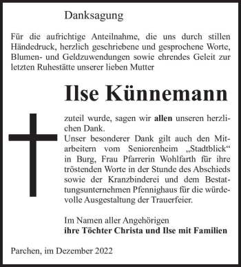 Traueranzeige von Ilse Künnemann  von Magdeburger Volksstimme