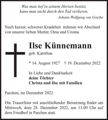 Traueranzeige von Ilse Künnemann (geb. Katerbau)  von Magdeburger Volksstimme