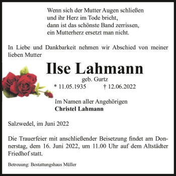 Traueranzeige von Ilse Lahmann (geb. Gurtz)  von Magdeburger Volksstimme