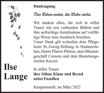 Traueranzeige von Ilse Lange  von Magdeburger Volksstimme