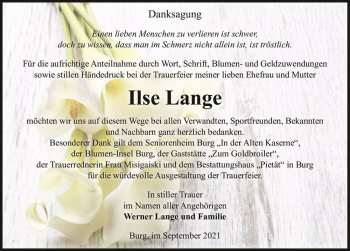 Traueranzeige von Ilse Lange  von Magdeburger Volksstimme