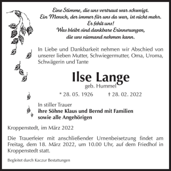 Traueranzeige von Ilse Lange (geb. Hummel)  von Magdeburger Volksstimme