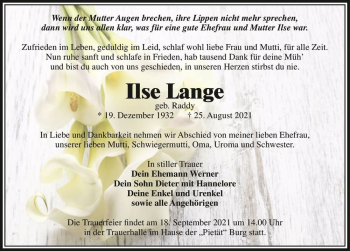 Traueranzeige von Ilse Lange (geb. Raddy)  von Magdeburger Volksstimme