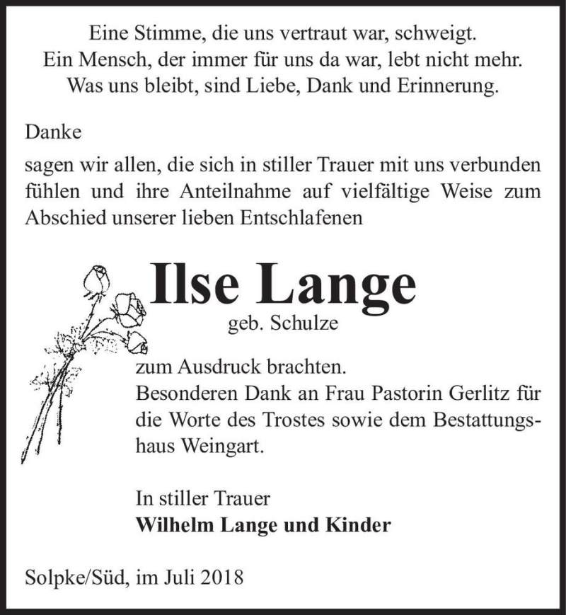  Traueranzeige für Ilse Lange (geb. Schulze)  vom 03.08.2018 aus Magdeburger Volksstimme