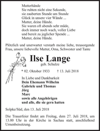 Traueranzeige von Ilse Lange (geb. Schulze)  von Magdeburger Volksstimme