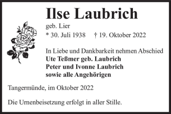 Traueranzeige von Ilse Laubrich (geb. Lier)  von Magdeburger Volksstimme