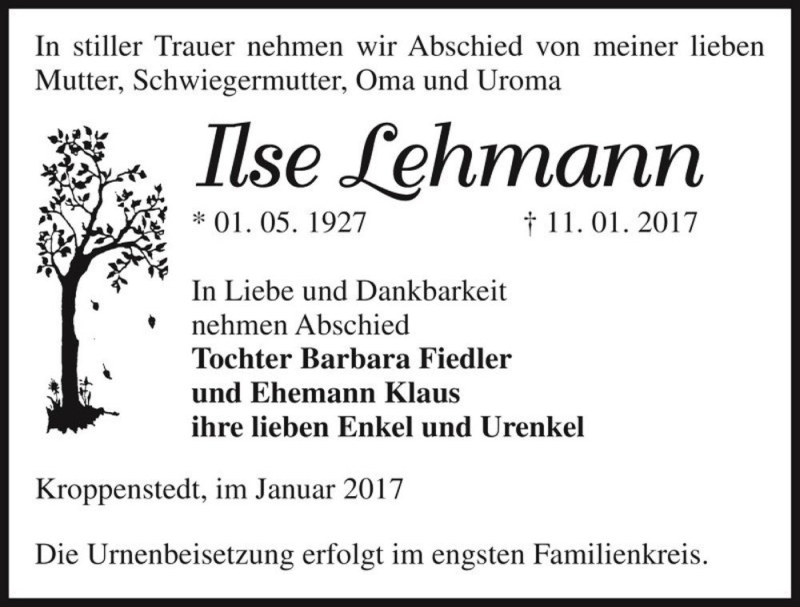  Traueranzeige für Ilse Lehmann  vom 16.01.2017 aus Magdeburger Volksstimme