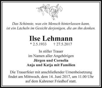 Traueranzeige von Ilse Lehmann  von Magdeburger Volksstimme