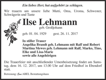 Traueranzeige von Ilse Lehmann (geb. Großjohann)  von Magdeburger Volksstimme