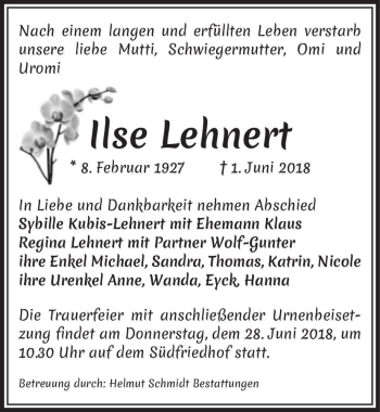 Traueranzeige von Ilse Lehnert  von Magdeburger Volksstimme