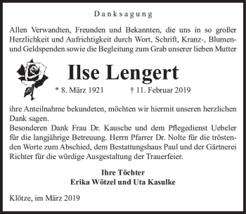 Traueranzeige von Ilse Lengert  von Magdeburger Volksstimme