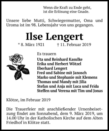 Traueranzeige von Ilse Lengert  von Magdeburger Volksstimme