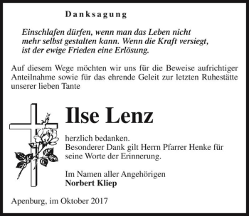 Traueranzeige von Ilse Lenz  von Magdeburger Volksstimme