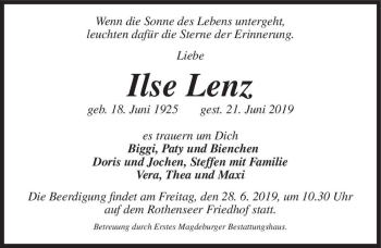 Traueranzeige von Ilse Lenz  von Magdeburger Volksstimme
