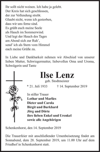 Traueranzeige von Ilse Lenz (geb. Stodtmeister)  von Magdeburger Volksstimme