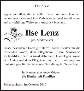 Traueranzeige von Ilse Lenz (geb. Stodtmeister)  von Magdeburger Volksstimme