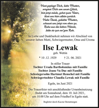Traueranzeige von Ilse Lewak (geb. Wettin)  von Magdeburger Volksstimme