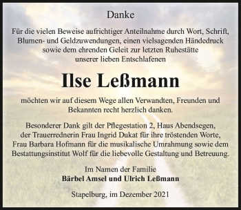 Traueranzeige von Ilse Leßmann  von Magdeburger Volksstimme