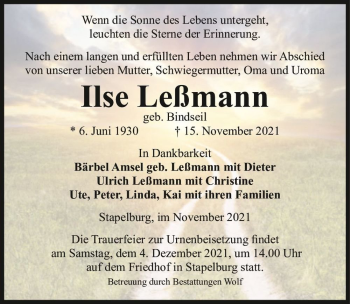 Traueranzeige von Ilse Leßmann (geb. Bindseil)  von Magdeburger Volksstimme