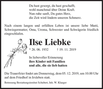 Traueranzeige von Ilse Liebke  von Magdeburger Volksstimme