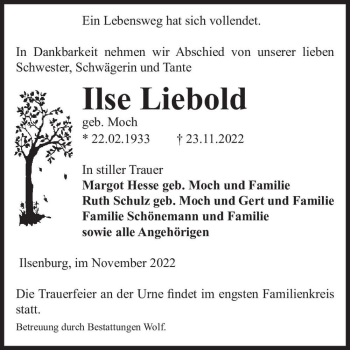 Traueranzeige von Ilse Liebold (geb. Moch)  von Magdeburger Volksstimme