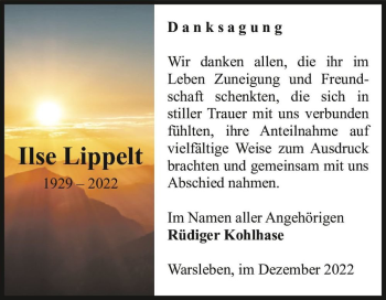 Traueranzeige von Ilse Lippelt  von Magdeburger Volksstimme