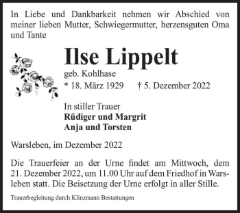 Traueranzeige von Ilse Lippelt (geb. Kohlhase)  von Magdeburger Volksstimme