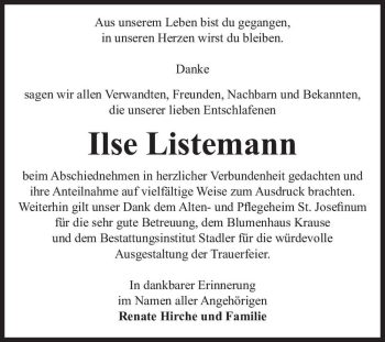 Traueranzeige von Ilse Listemann  von Magdeburger Volksstimme
