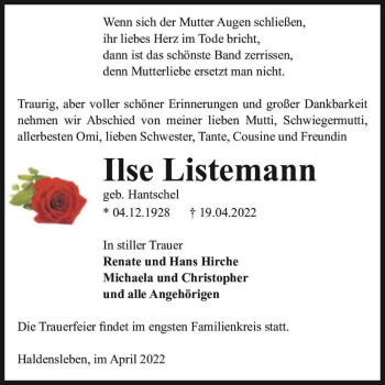 Traueranzeige von Ilse Listemann (geb. Hantschel)  von Magdeburger Volksstimme