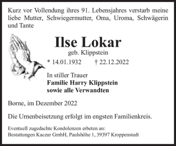 Traueranzeige von Ilse Lokar (geb. Klippstein)  von Magdeburger Volksstimme